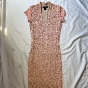 Midi Pink Lace Deep V Cut Bodycon Dress